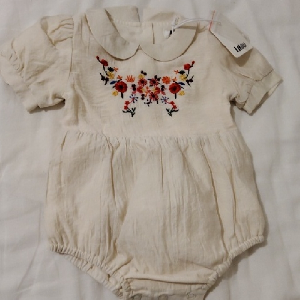 Lulu Cream Baby Romper with Floral Embroidery